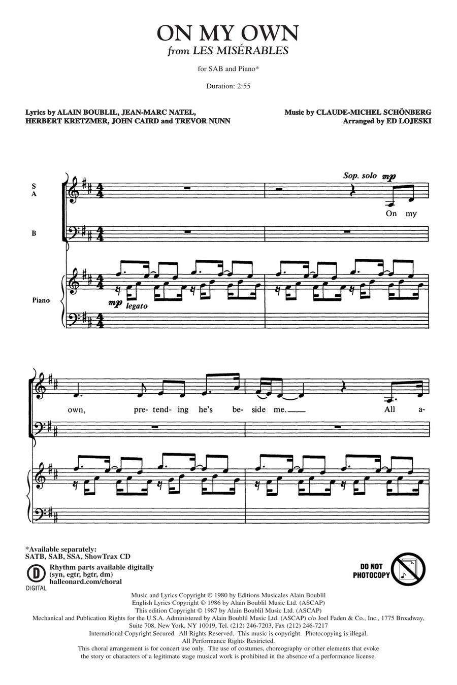 On My Own (from Les Miserables) (arr. Ed Lojeski) 3-Part scores gallery preview page 1