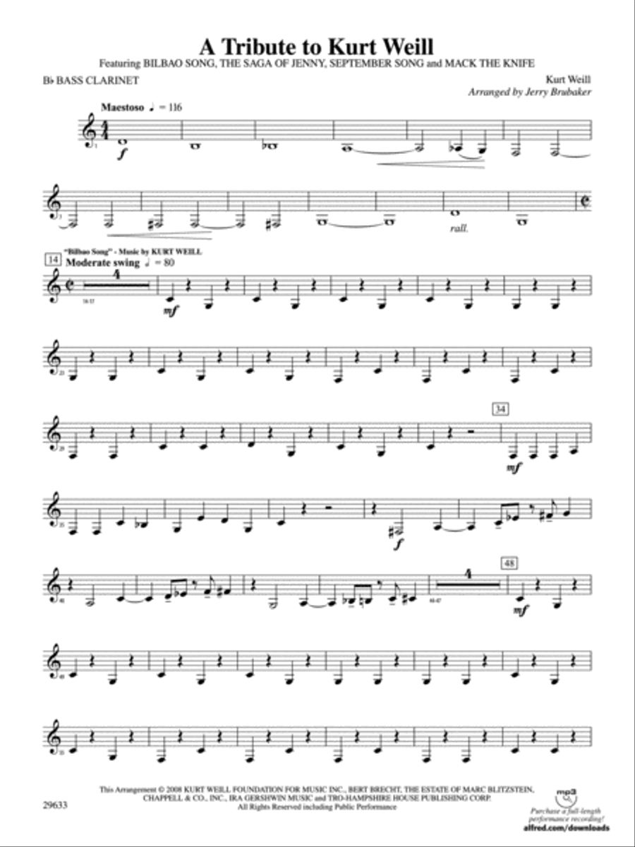 A Tribute to Kurt Weill: B-flat Bass Clarinet Concert Band scores gallery preview page 1