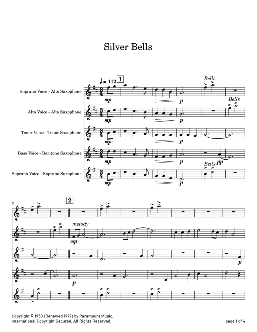 Silver Bells Saxophone Quartet scores gallery preview page 1