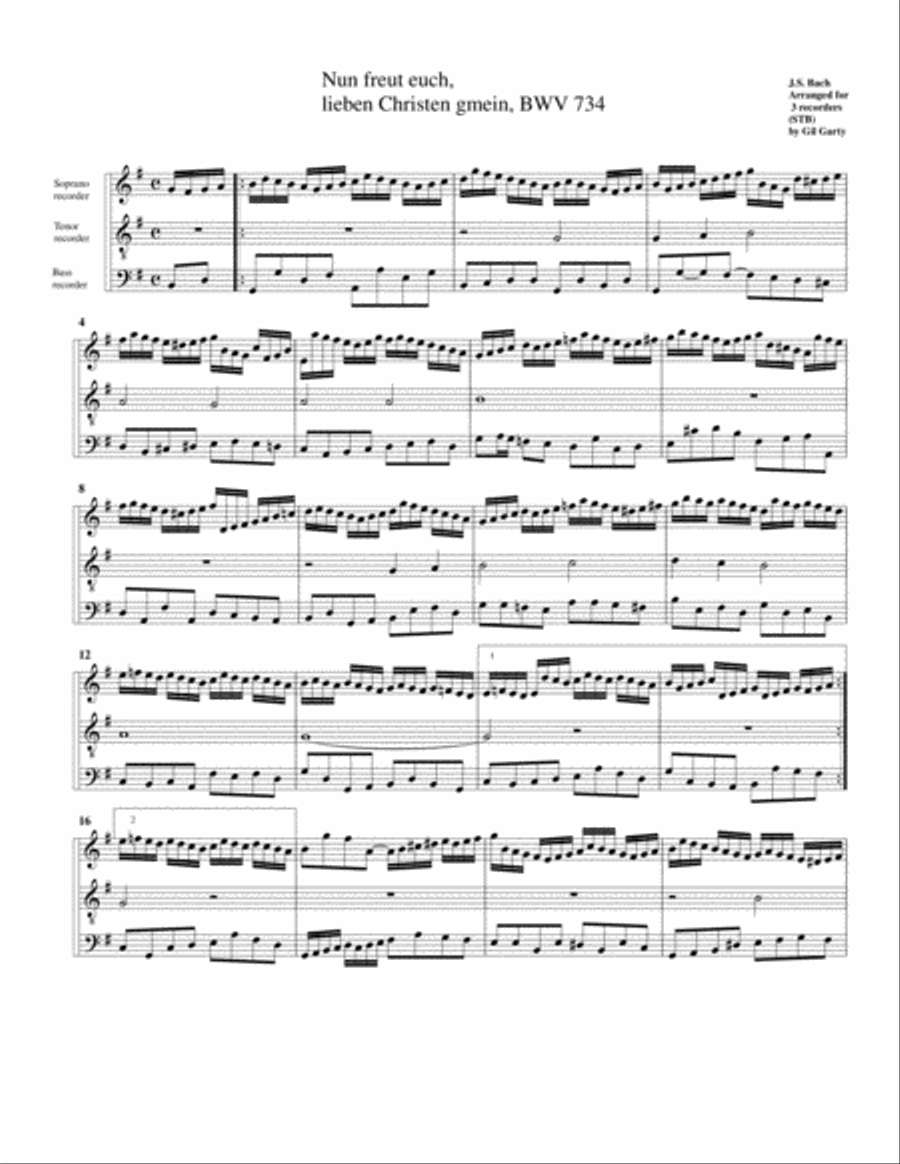 Nun freut euch, lieben Christen gmein BWV 734 for organ from Kirnberger Chorales (arrangement for 3 Recorder scores gallery preview page 1