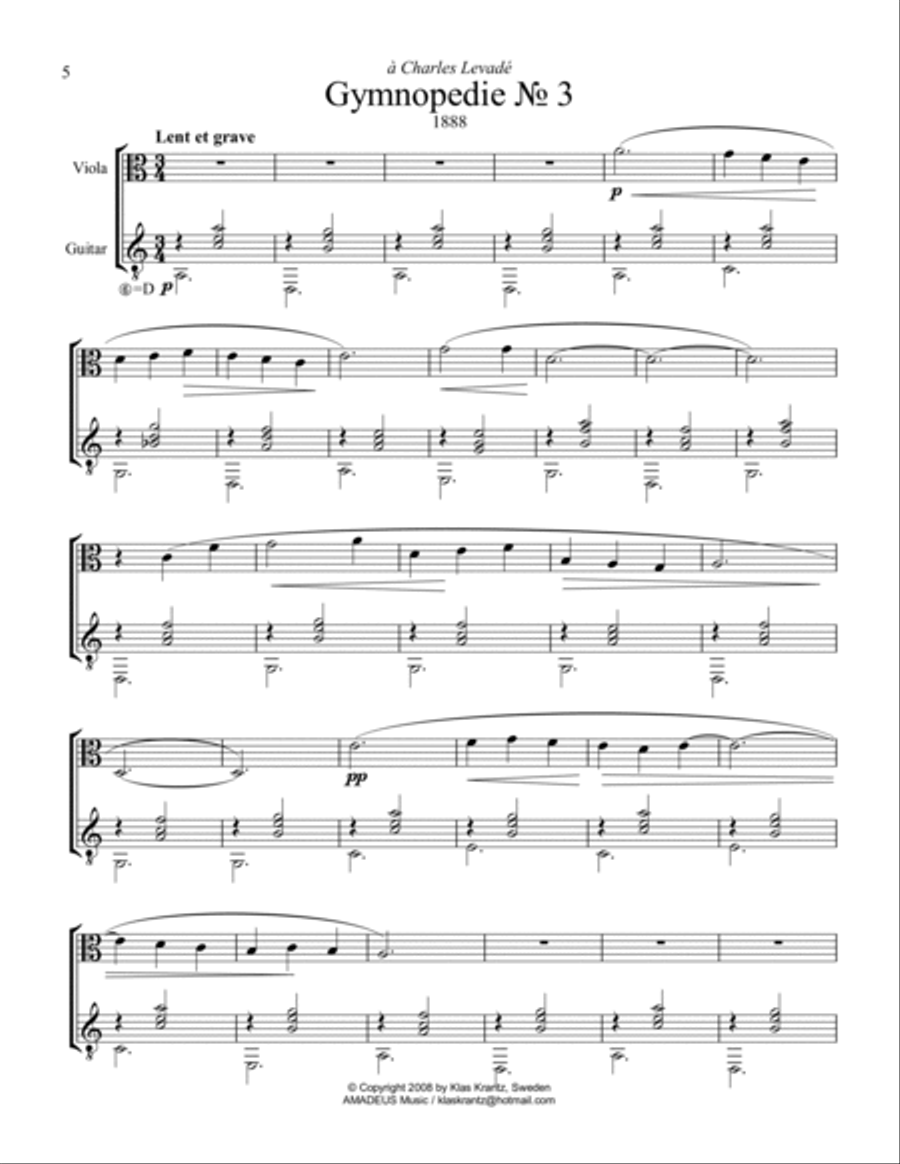 Gymnopedie (1,2,3) for viola and guitar String Duet scores gallery preview page 6