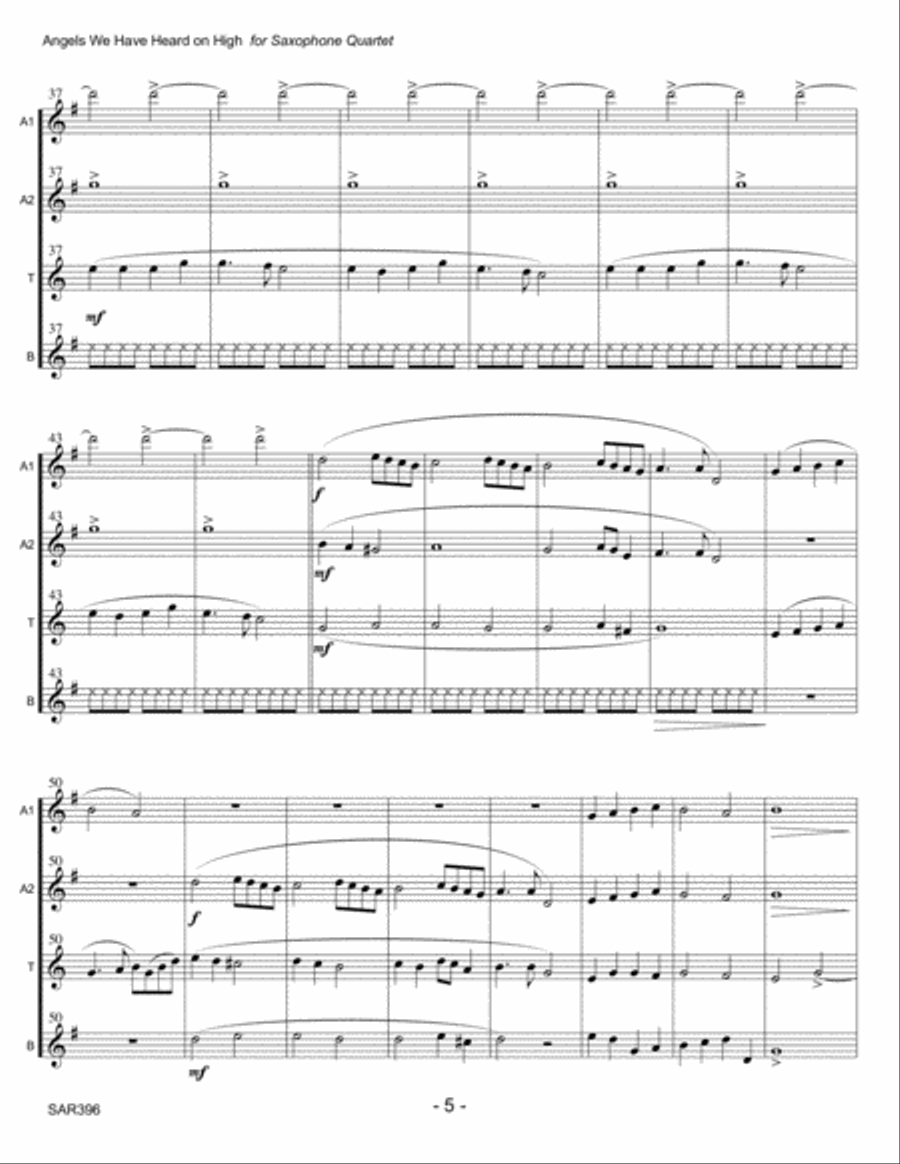 ANGELS WE HAVE HEARD ON HIGH - SATB or AATB SAXOPHONE QUARTET (unaccompanied) Saxophone Quartet scores gallery preview page 5