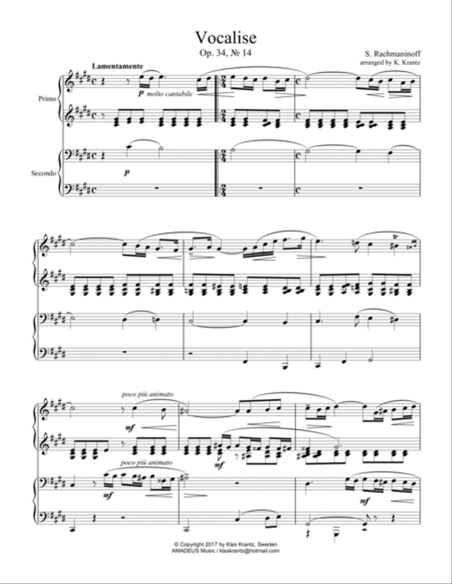 Vocalise Op. 34 for piano à quatre mains for 1 piano, 4 hands (orchestra version) 1 Piano, 4-Hands scores gallery preview page 2
