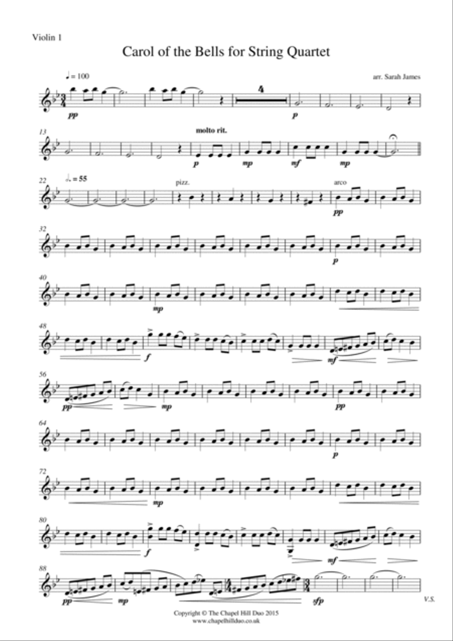 Carol of the Bells for String Quartet - Full Length arrangement by the Chapel Hill Duo String Quartet scores gallery preview page 2