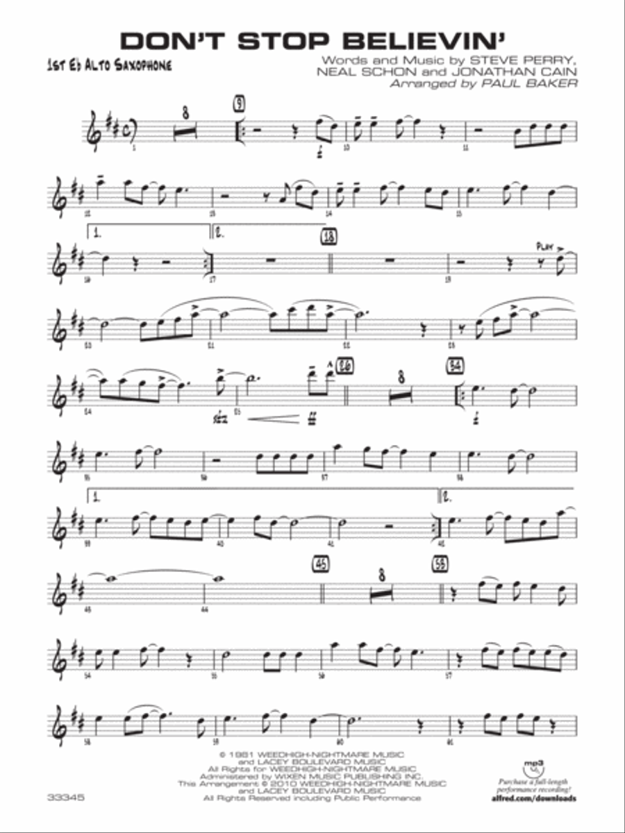 Don't Stop Believin': E-flat Alto Saxophone Jazz Ensemble scores gallery preview page 1
