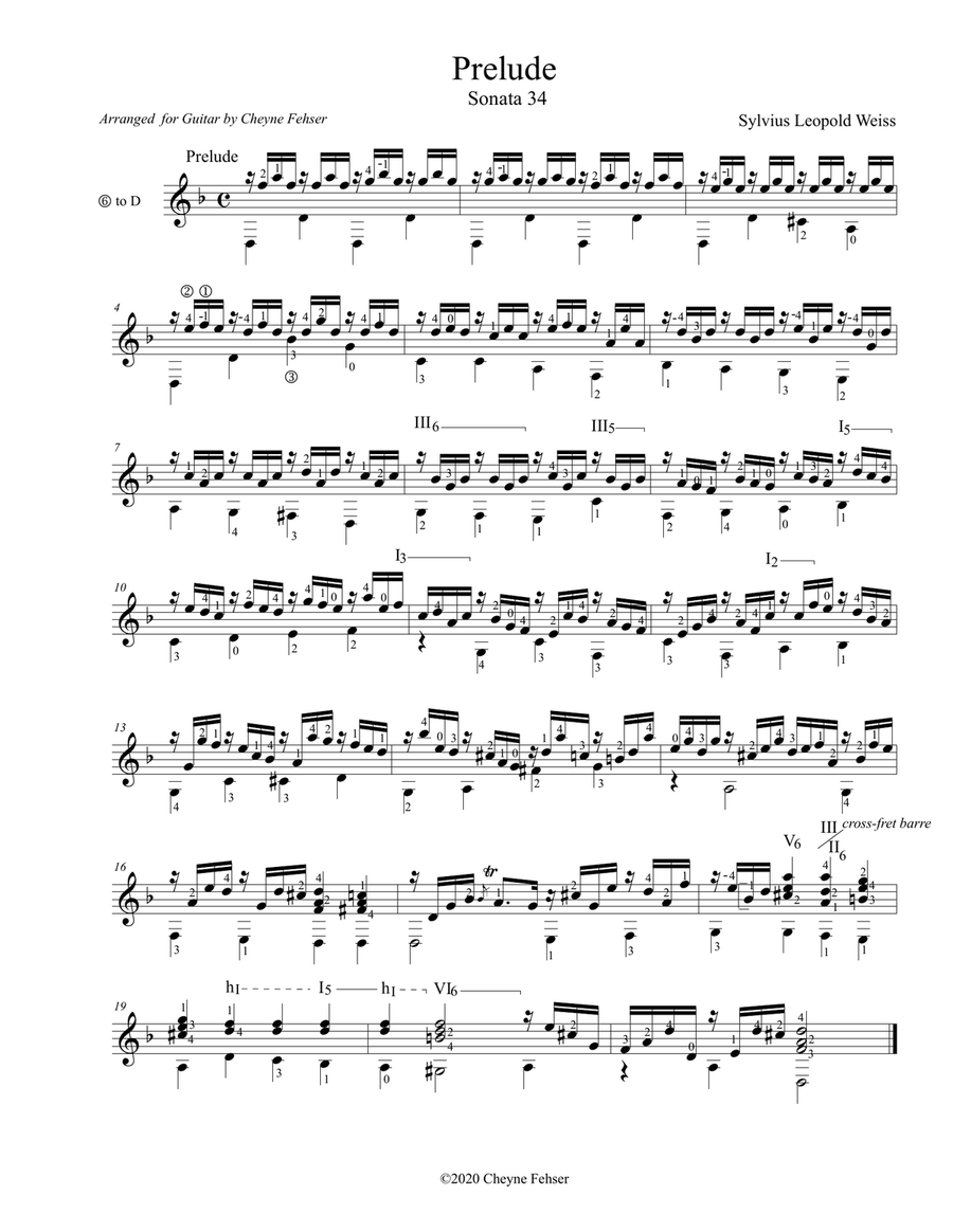 Prelude in D Minor, Sonata 34 - Sylvius Leopold Weiss, Arranged for Solo Guitar Classical Guitar scores gallery preview page 1