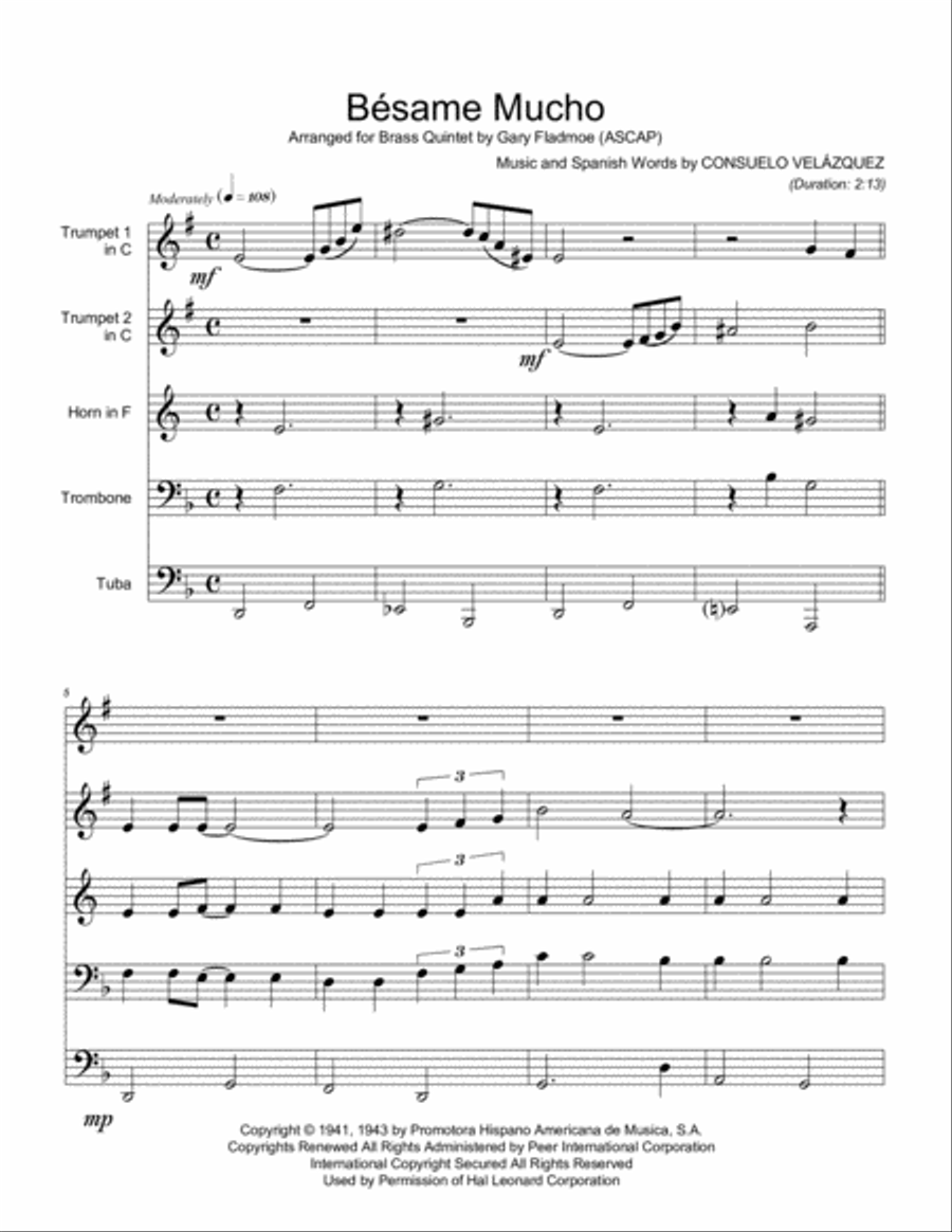 Besame Mucho (Kiss Me Much) Brass Ensemble scores gallery preview page 2