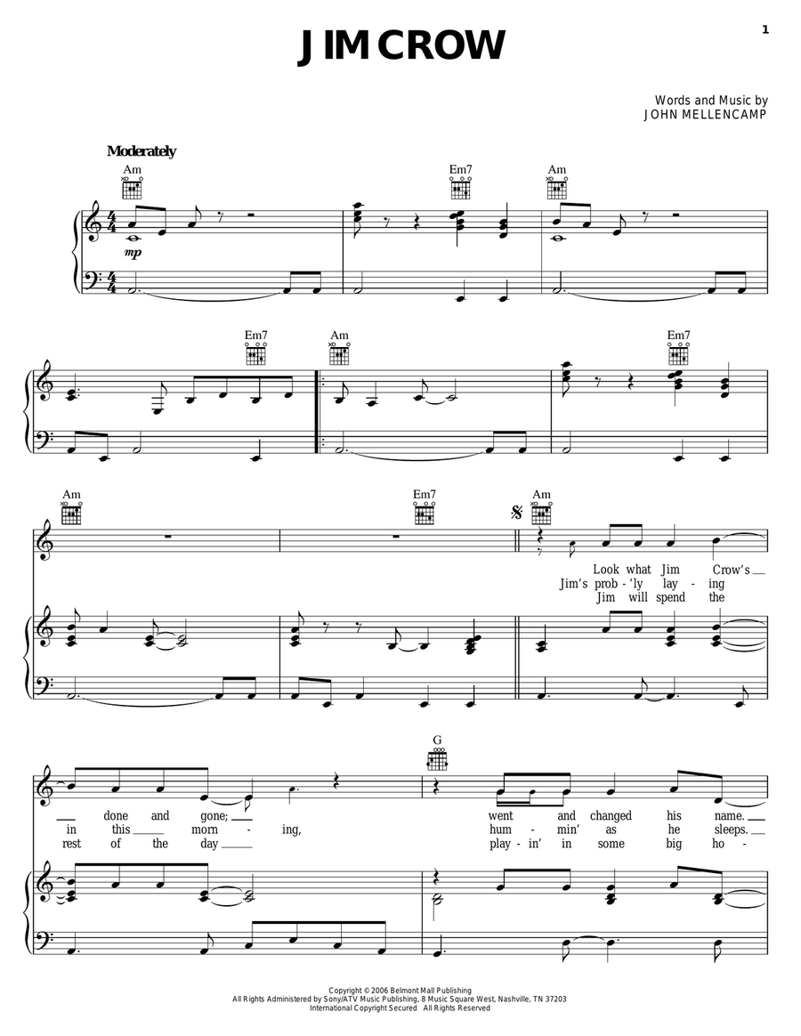 Jim Crow Piano, Vocal, Guitar scores gallery preview page 1