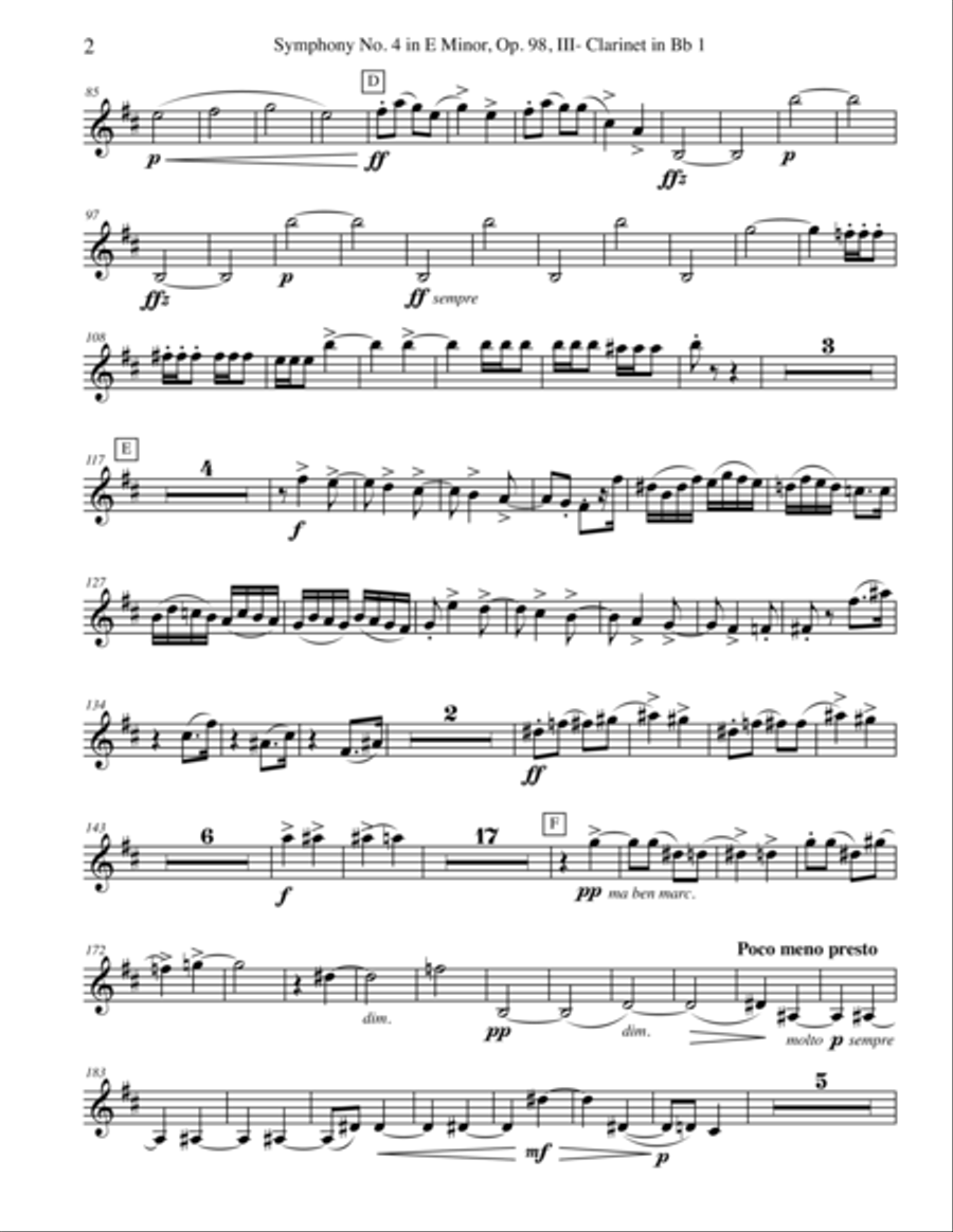Brahms Symphony No. 4, Movement III - Clarinet in Bb 1 (Transposed Part), Op. 98 B-Flat Clarinet scores gallery preview page 2