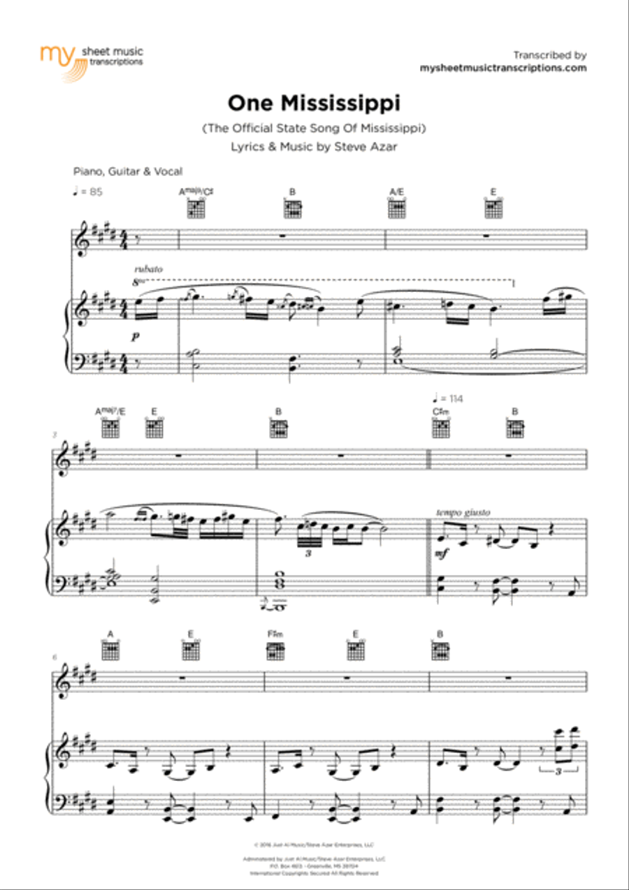 One Mississippi (The Official State Song of Mississippi) One Mississippi (The Official State Song of Mississippi) Piano, Vocal, Guitar scores gallery preview page 2
