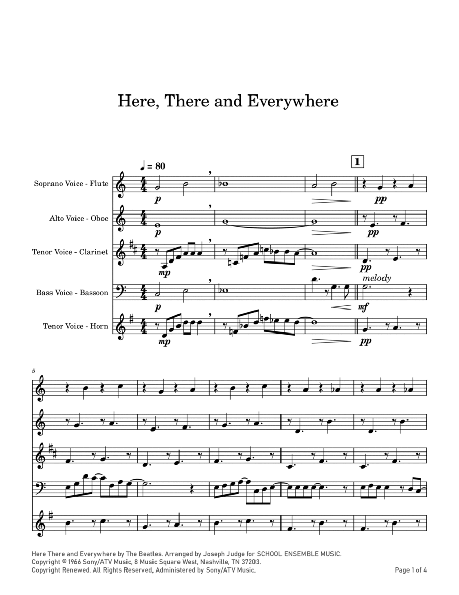 Here, There And Everywhere Woodwind Quartet scores gallery preview page 1