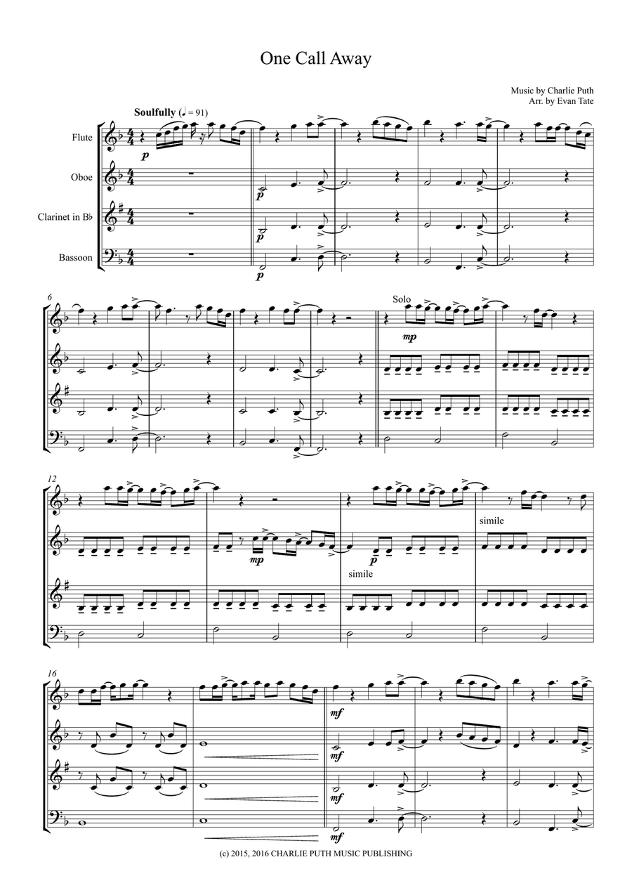 One Call Away Woodwind Quartet scores gallery preview page 2