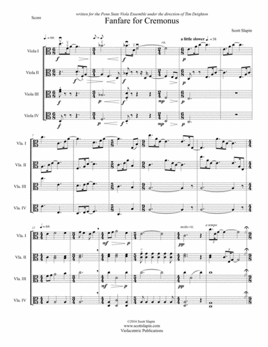 Fanfare for Cremonus for 4-part Viola Ensemble or Viola Quartet