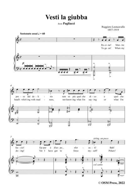 Leoncavallo-Vesti la giubba,in E Major,from 'Pagliacci(Dramma in due atti)',for Voice and Piano