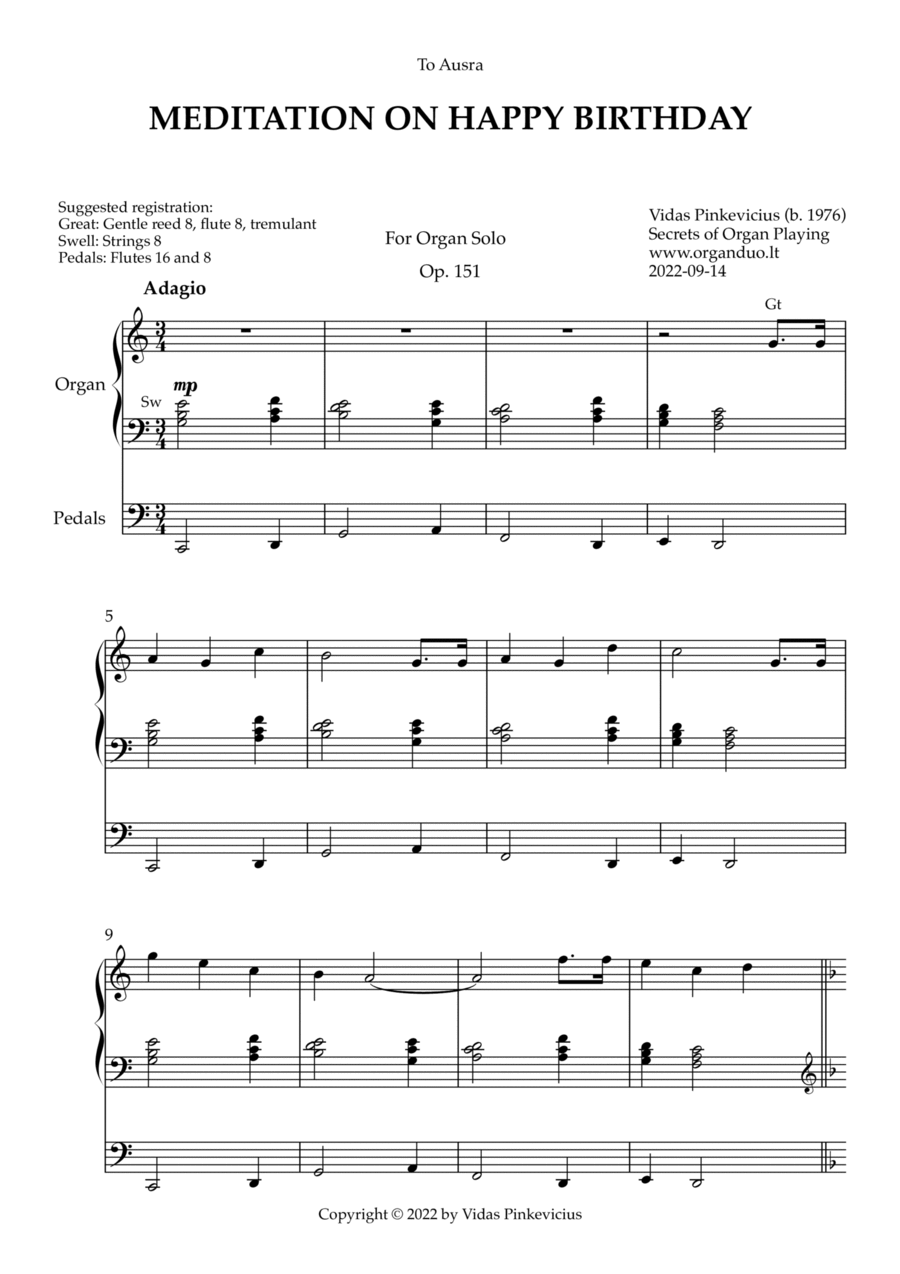 Meditation on Happy Birthday, Op. 151 (Organ Solo) by Vidas Pinkevicius (2022) Organ Solo scores gallery preview page 1