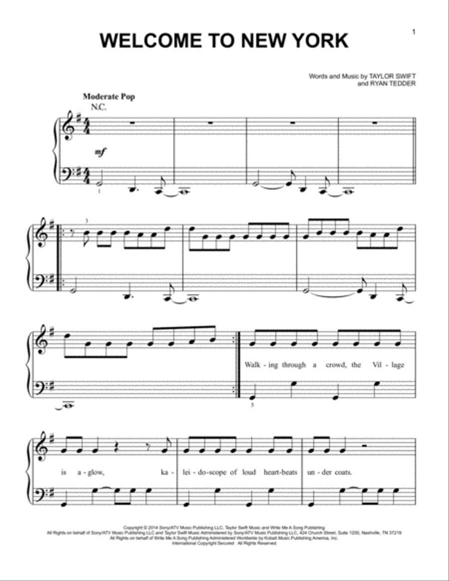 Welcome To New York Easy Piano scores gallery preview page 1