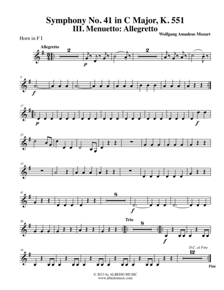 Mozart Symphony No. 41, Jupiter, Movement III - Horn in F 1 (Transposed Part), K. 551