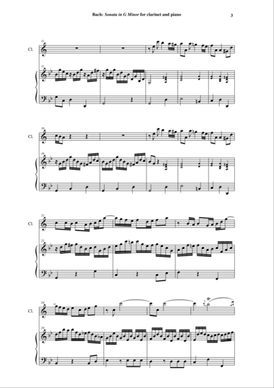 J. S. Bach: Sonata in g minor, BWV 1020 arranged for Bb clarinet and piano (or harp)