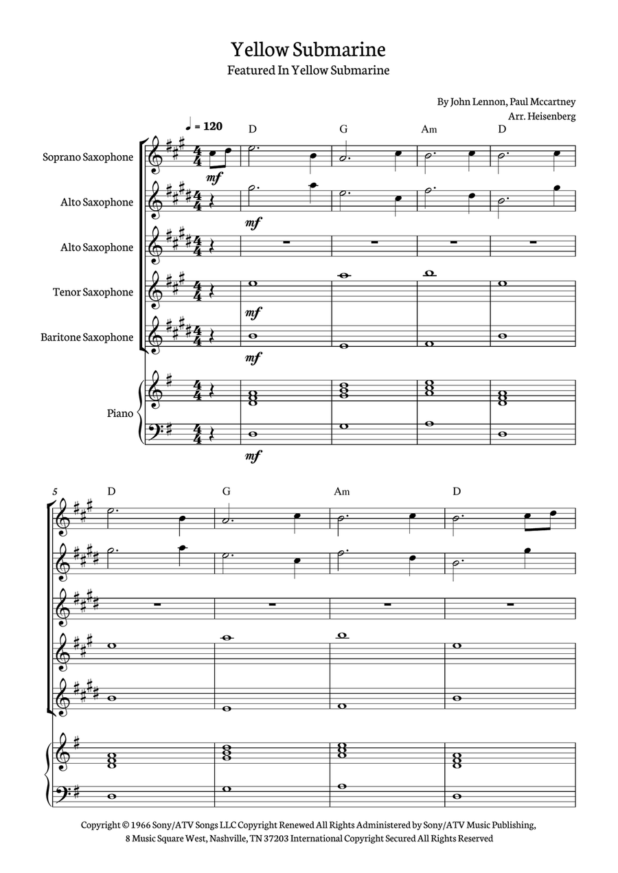 Yellow Submarine Yellow Submarine Saxophone Quintet scores gallery preview page 1