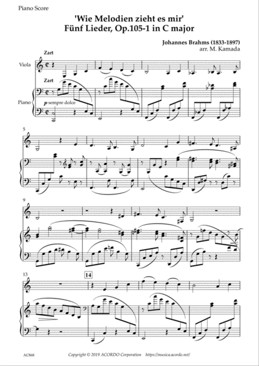 ‘Wie Melodien zieht es mir (It moves like a melody)' Op.105-1 in C Major for Viola & Piano Viola scores gallery preview page 1