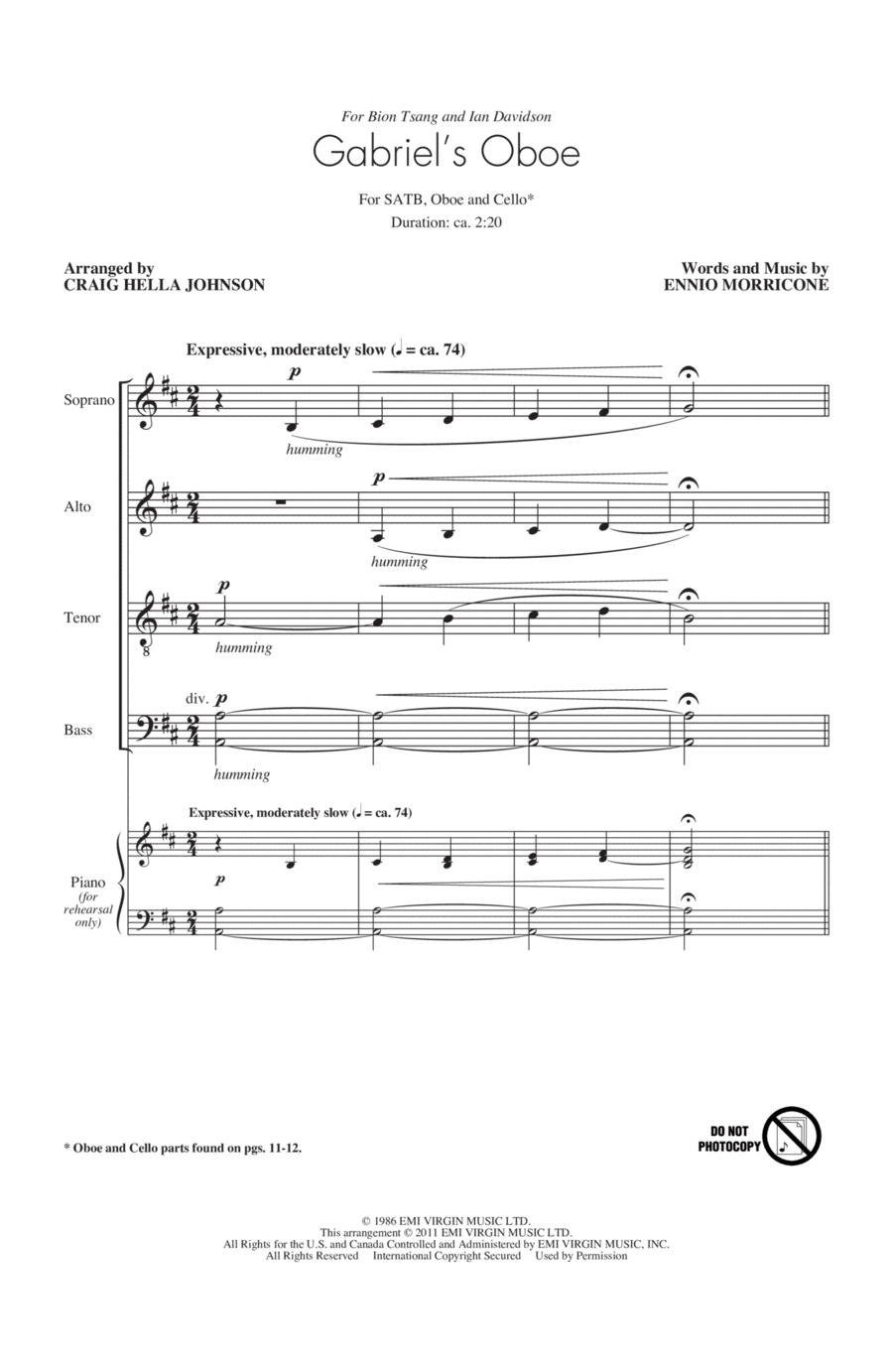 Gabriel's Oboe (from The Mission) (arr. Craig Hella Johnson) 4-Part scores gallery preview page 1