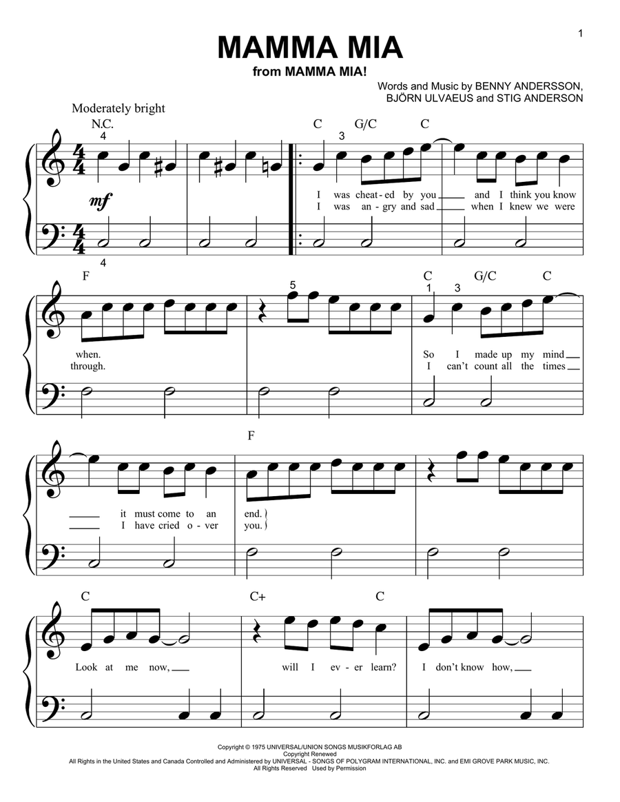 Mamma Mia Easy Piano scores gallery preview page 1