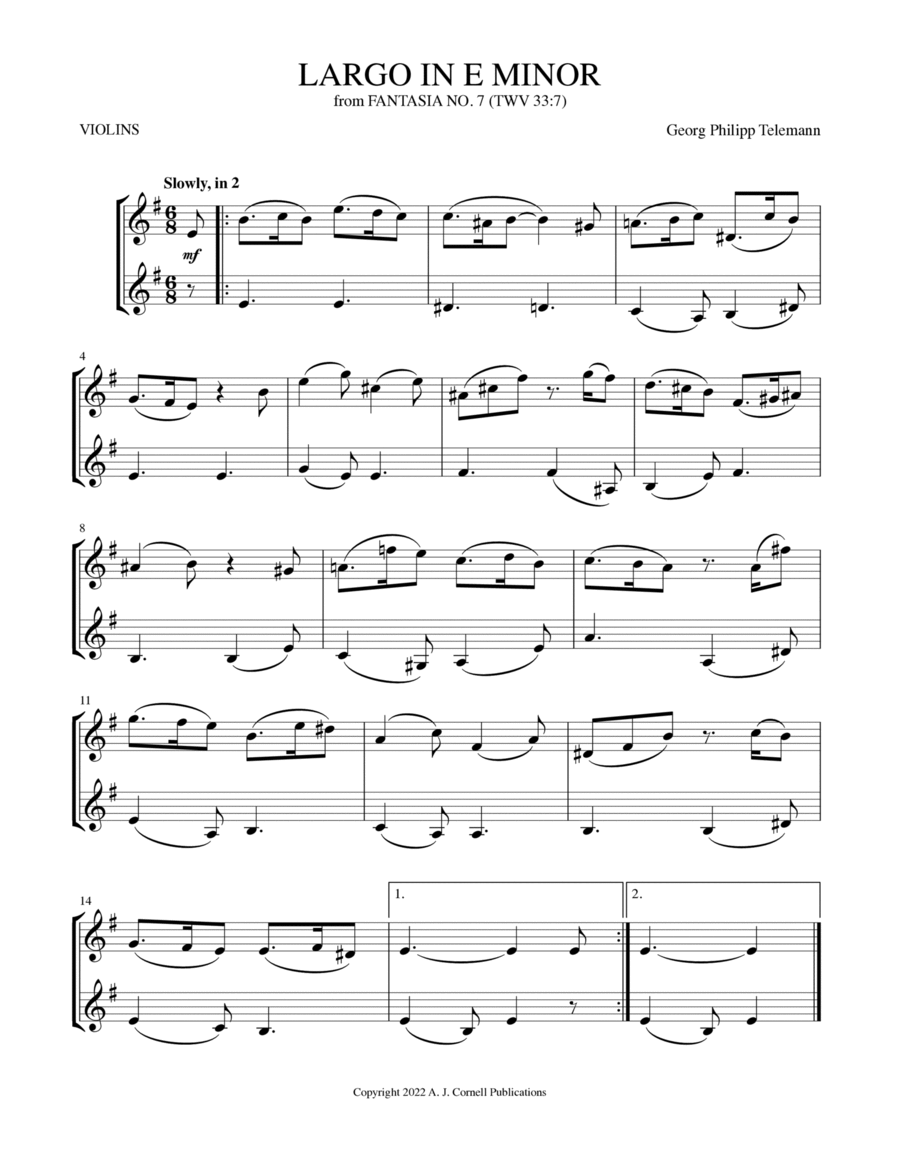 Largo in E Minor (from Fantasia No. 7) String Duet scores gallery preview page 1