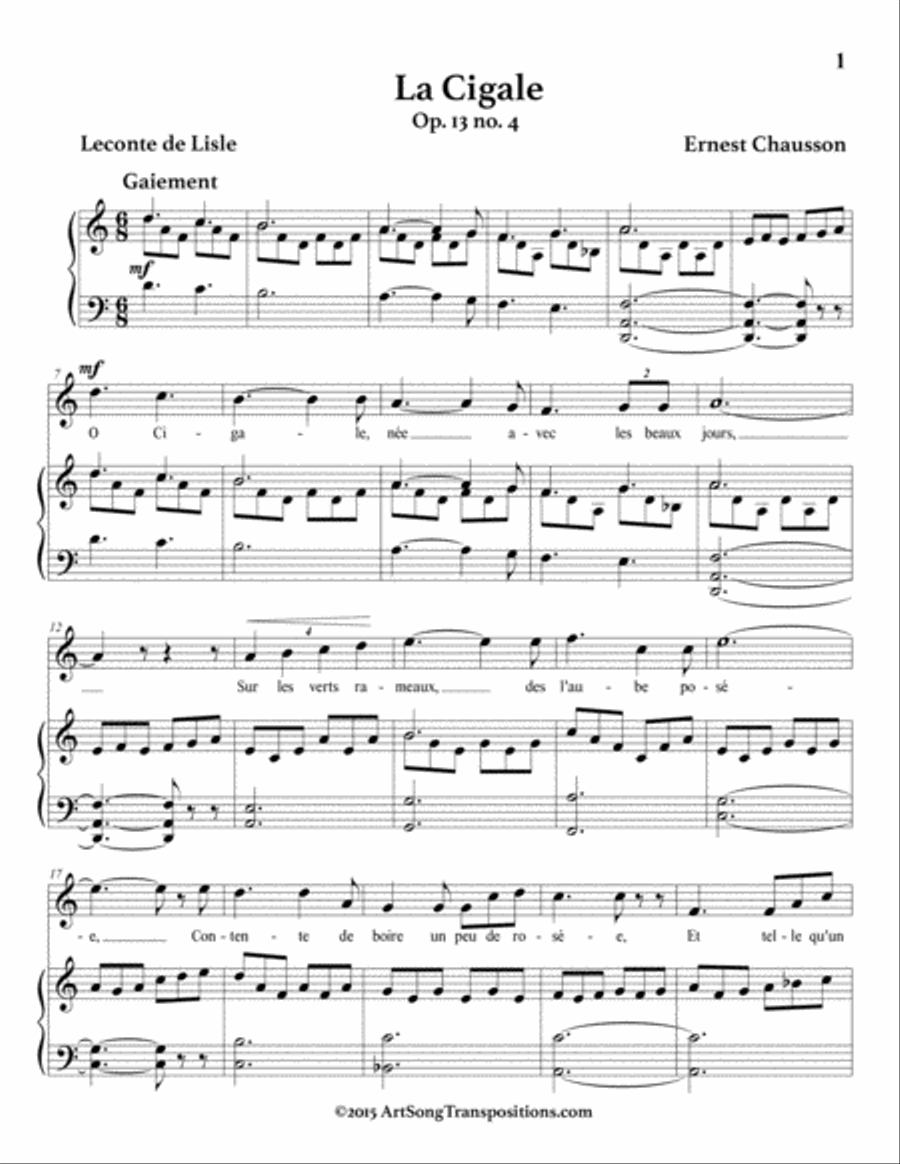 CHAUSSON: La cigale (transposed to D dorian, no sharps or flats) Voice scores gallery preview page 2