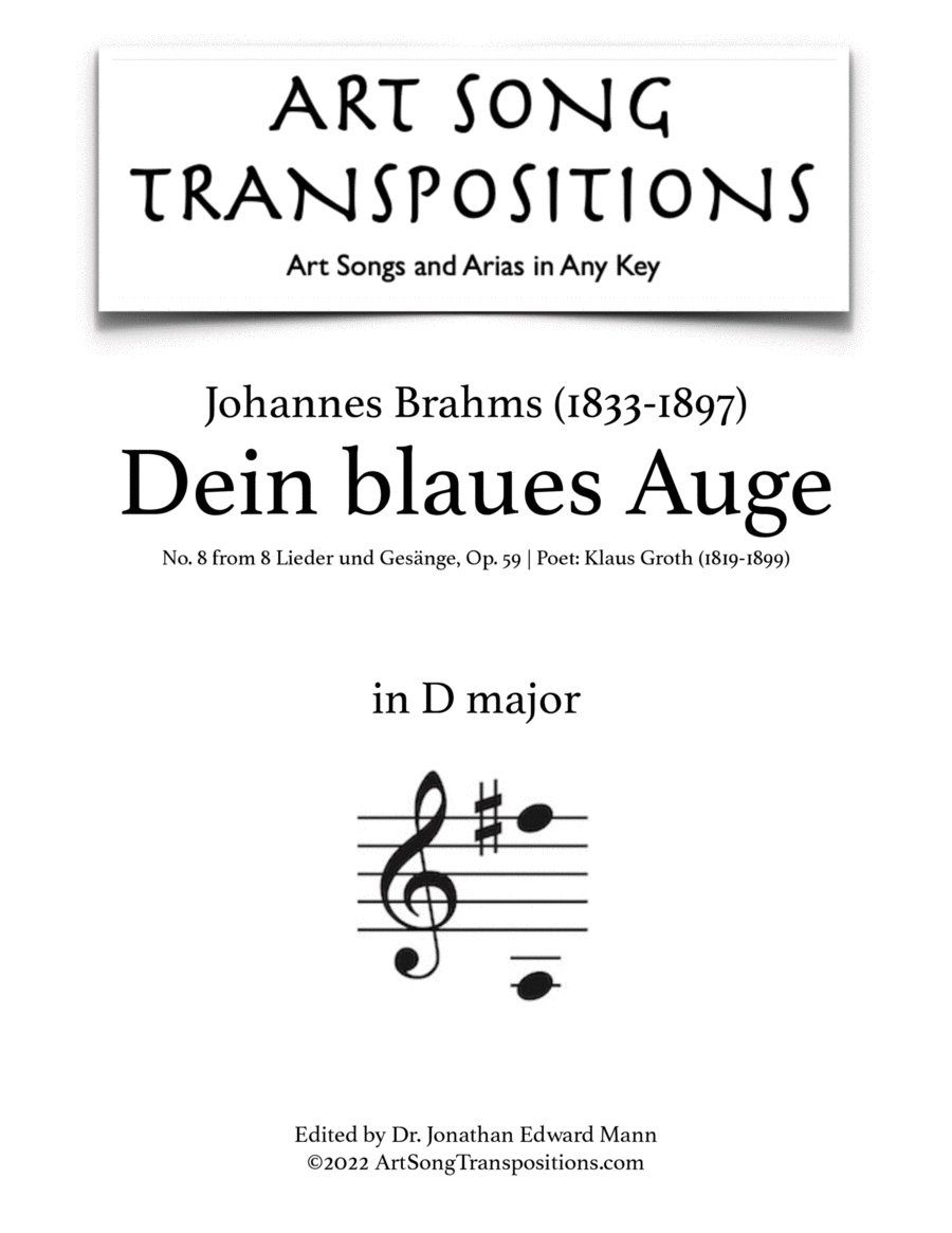 BRAHMS: Dein blaues Auge, Op. 59 no. 8 (transposed to D major)