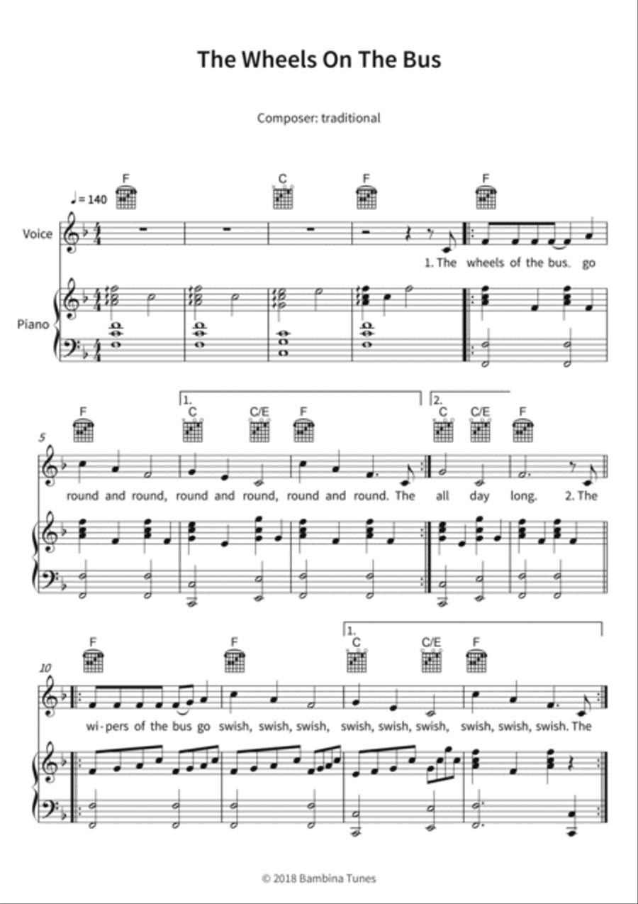 The Wheels On The Bus Piano, Vocal, Guitar scores gallery preview page 3