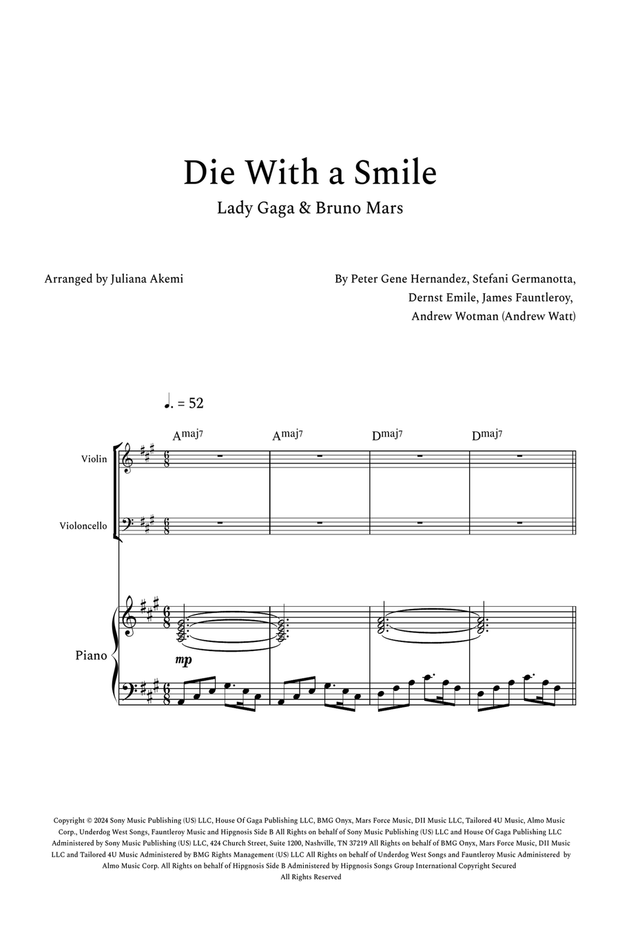 Die With A Smile Die With A Smile Piano Trio scores gallery preview page 1
