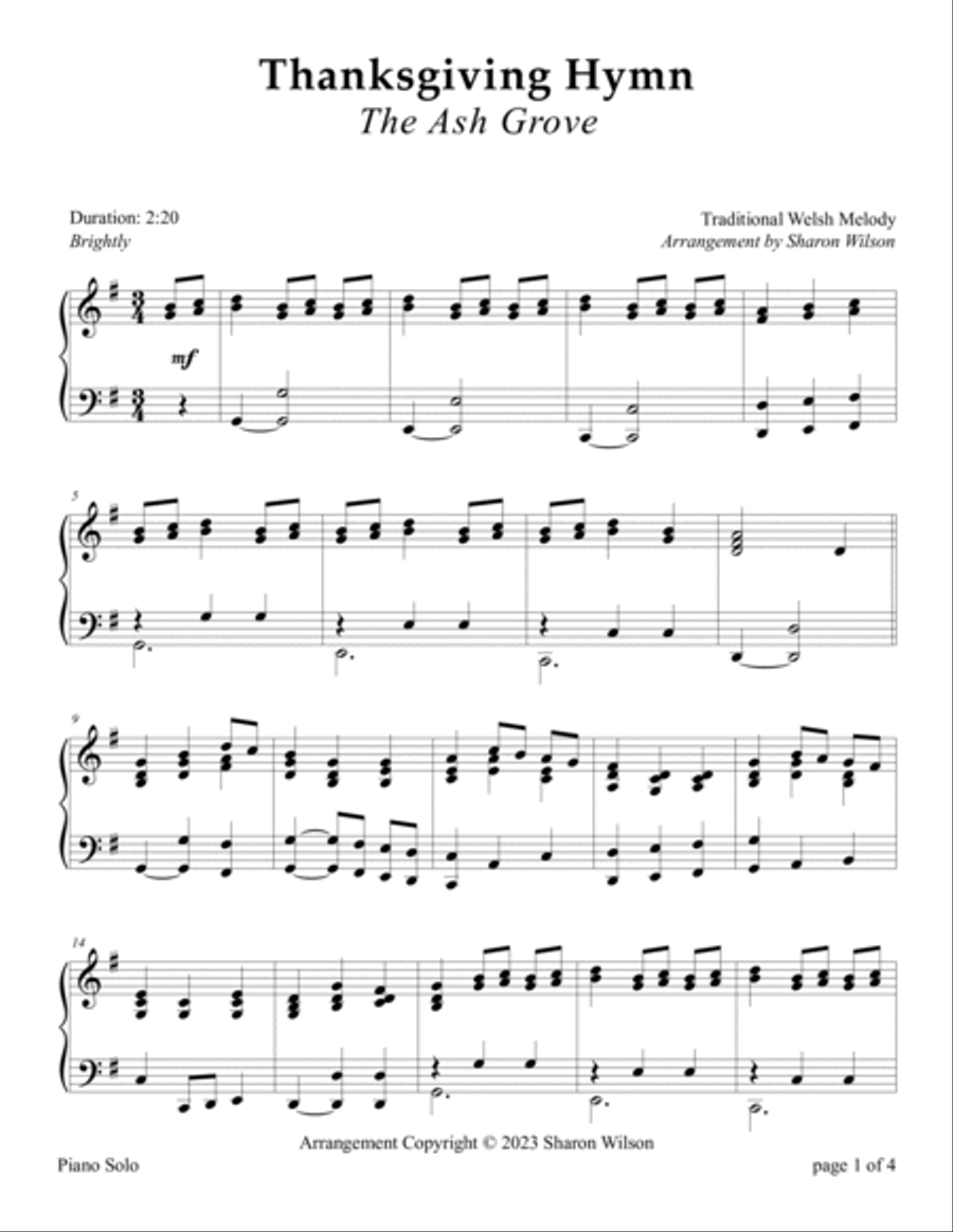 Thanksgiving Hymn (The Ash Grove) Piano Solo scores gallery preview page 3
