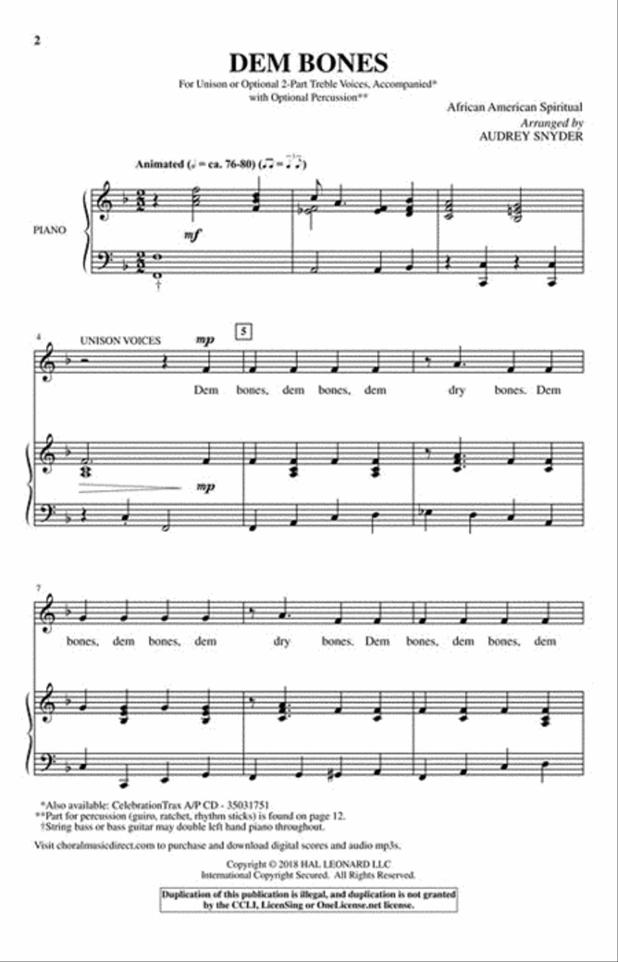 Dem Bones Dem Bones Unison Choir scores gallery preview page 2
