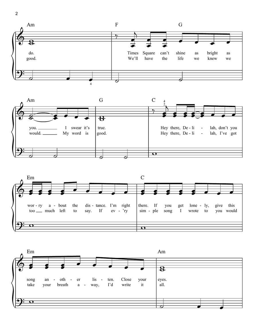 Hey There Delilah Easy Piano scores gallery preview page 2