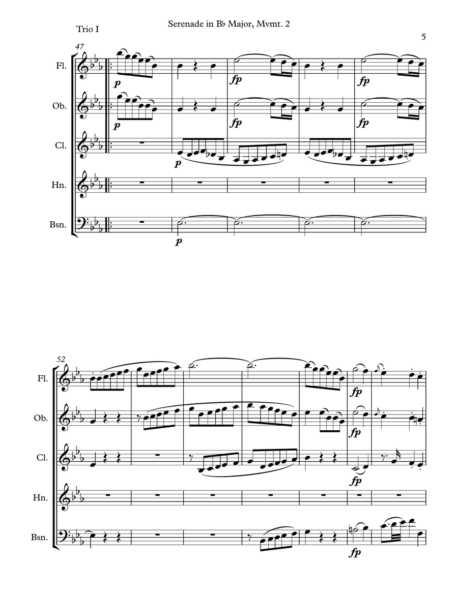 Mozart: Serenade in Bb Major, K. 361 (Gran Partita) for Wind Quintet Mvmt. 2 (Menuetto I) Woodwind Quintet scores gallery preview page 5