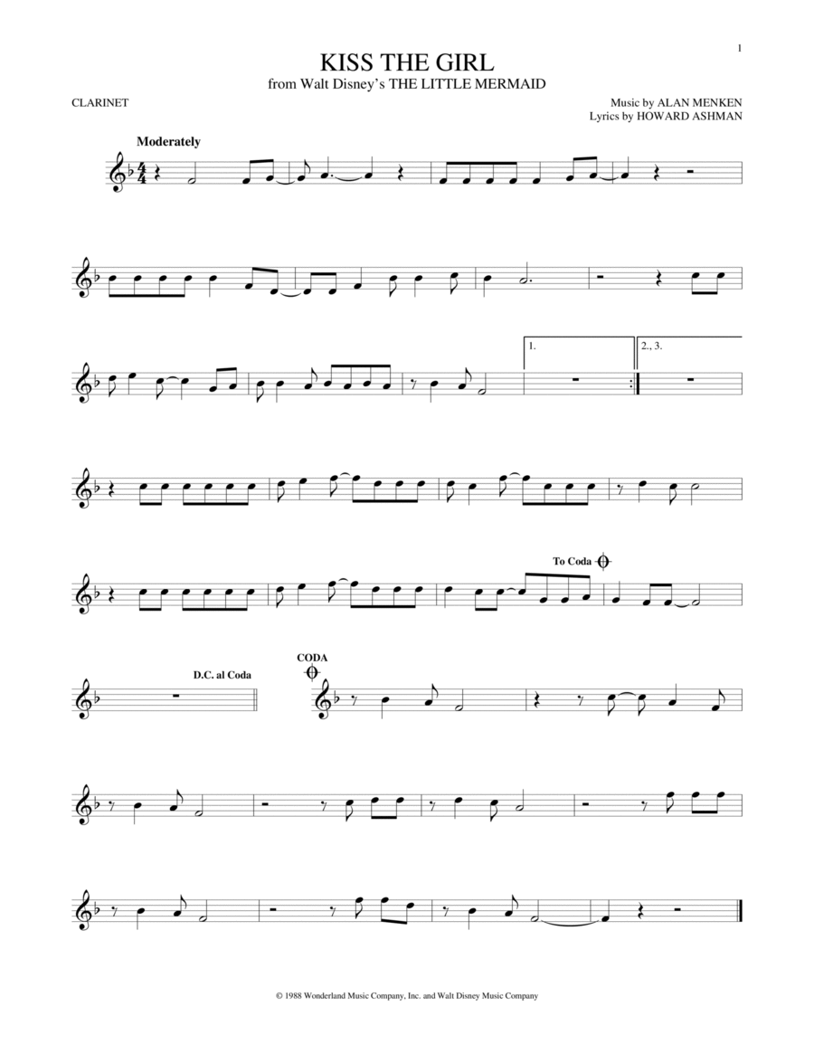 Kiss The Girl (from The Little Mermaid) Clarinet Solo scores gallery preview page 1