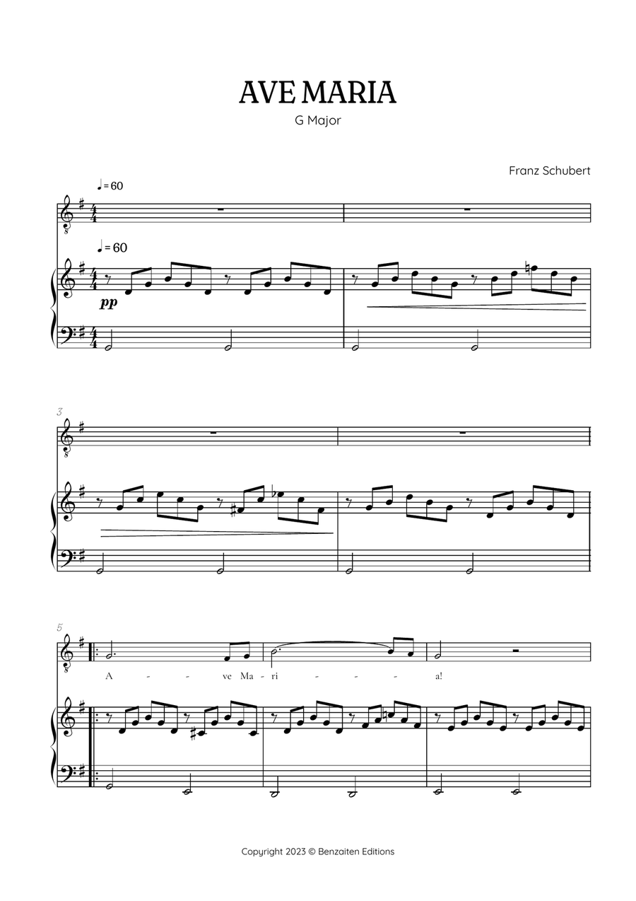 Schubert Ave Maria in G Major • tenor sheet music with easy piano accompaniment Piano, Vocal scores gallery preview page 1