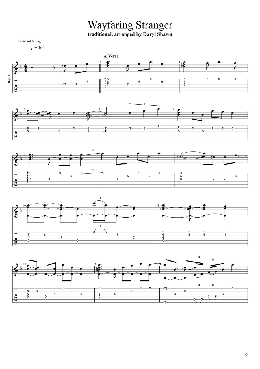Wayfaring Stranger (traditional), for solo fingerstyle guitar Acoustic Guitar scores gallery preview page 1