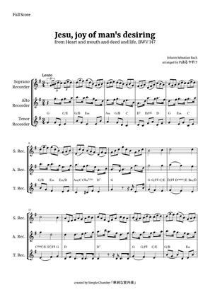 Jesu, Joy of Man’s Desiring for Recorder Trio by Bach BWV 147