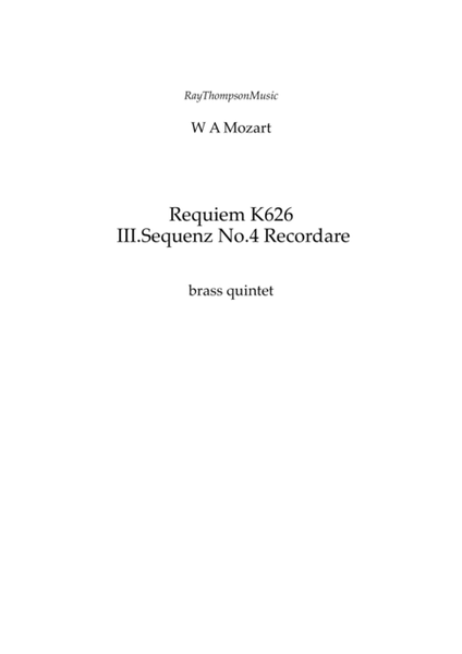 Mozart: Requiem in D Minor K626 III.Sequenz No.4 Recordare - brass quintet image number null