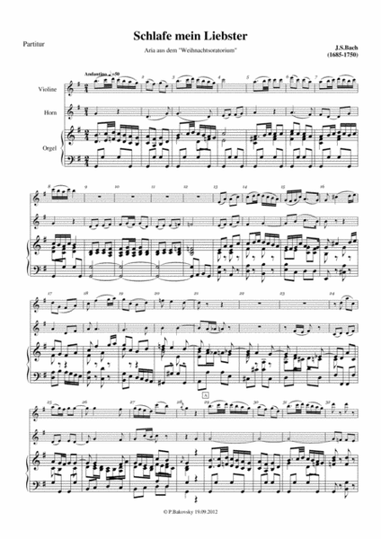 J.S. Bach: Schlaf Mein Liebster from the Christmas Oratorio for 2 violins, horn, and piano/organ image number null