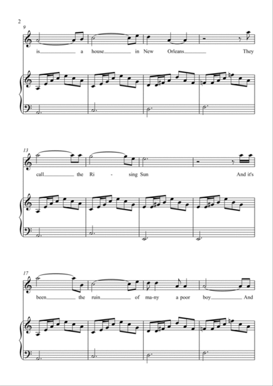 House of the Rising Sun - Lead Sheet - with play along Easy Piano scores gallery preview page 2