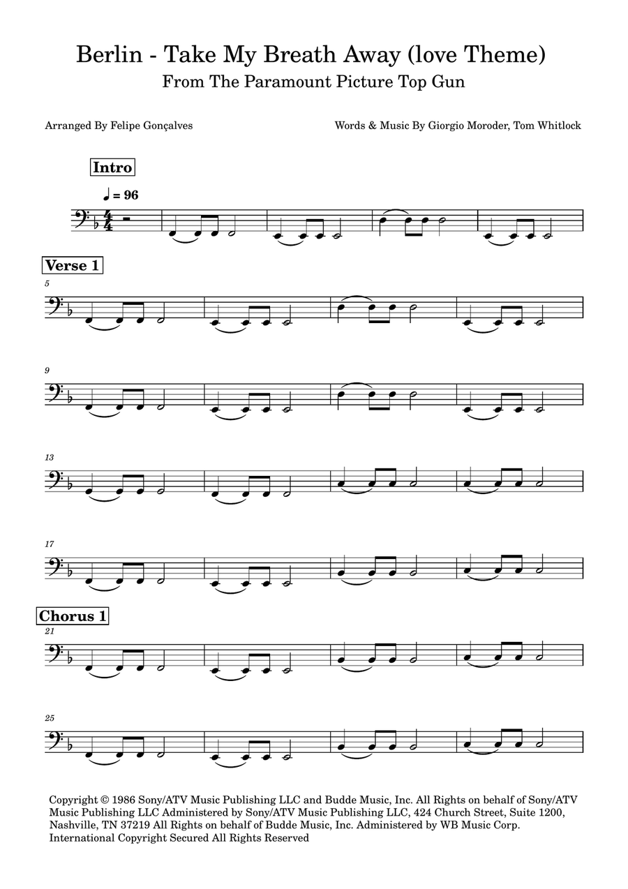 Take My Breath Away (Love Theme) Double Bass scores gallery preview page 1