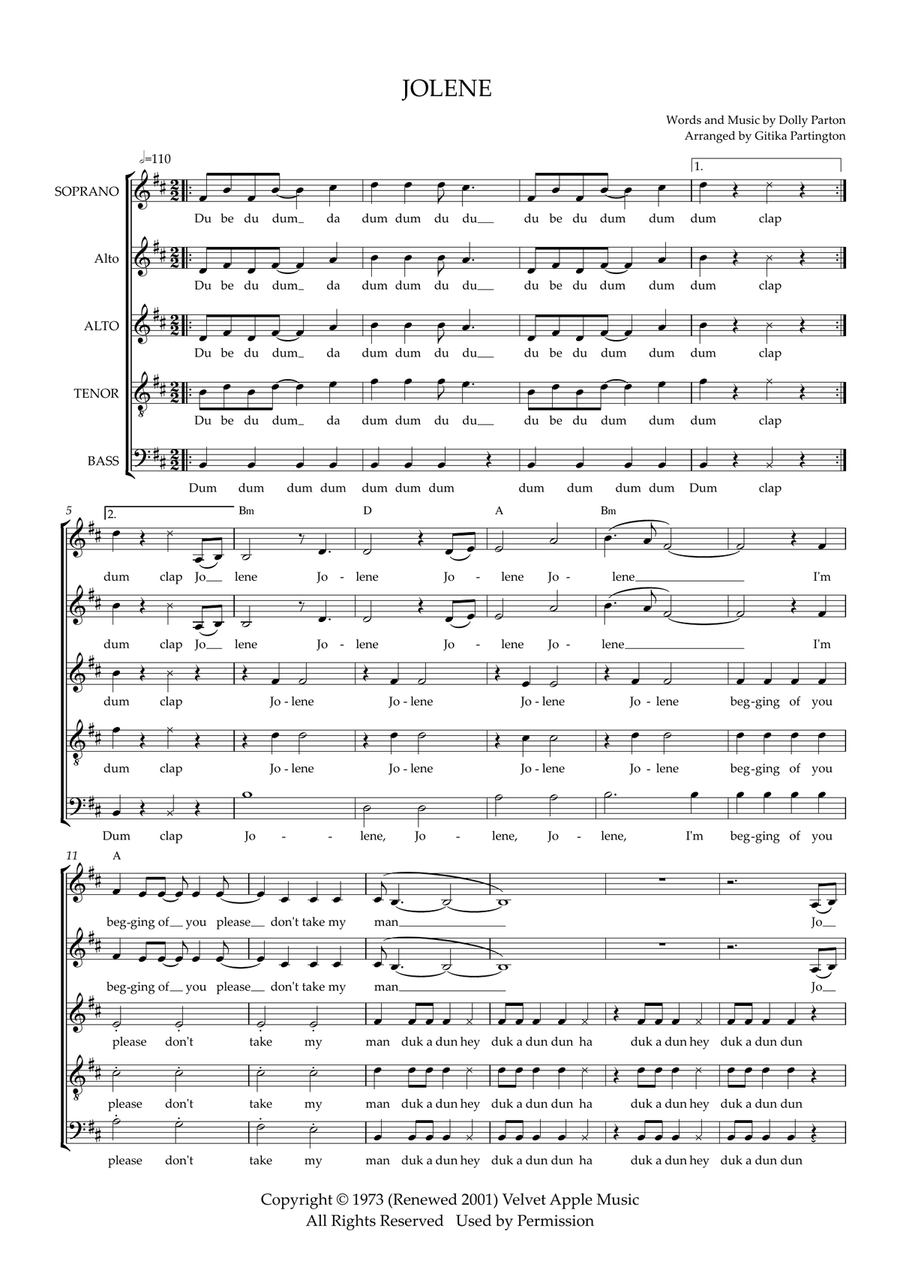 Jolene (arr. Gitika Partington) Choir scores gallery preview page 1