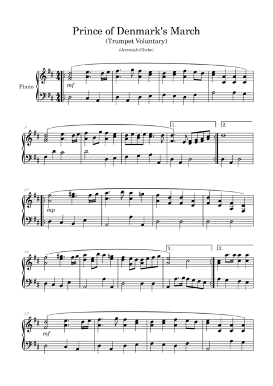 Prince of Denmark's March (Trumpet Voluntary) arranged for piano Easy Piano scores gallery preview page 2
