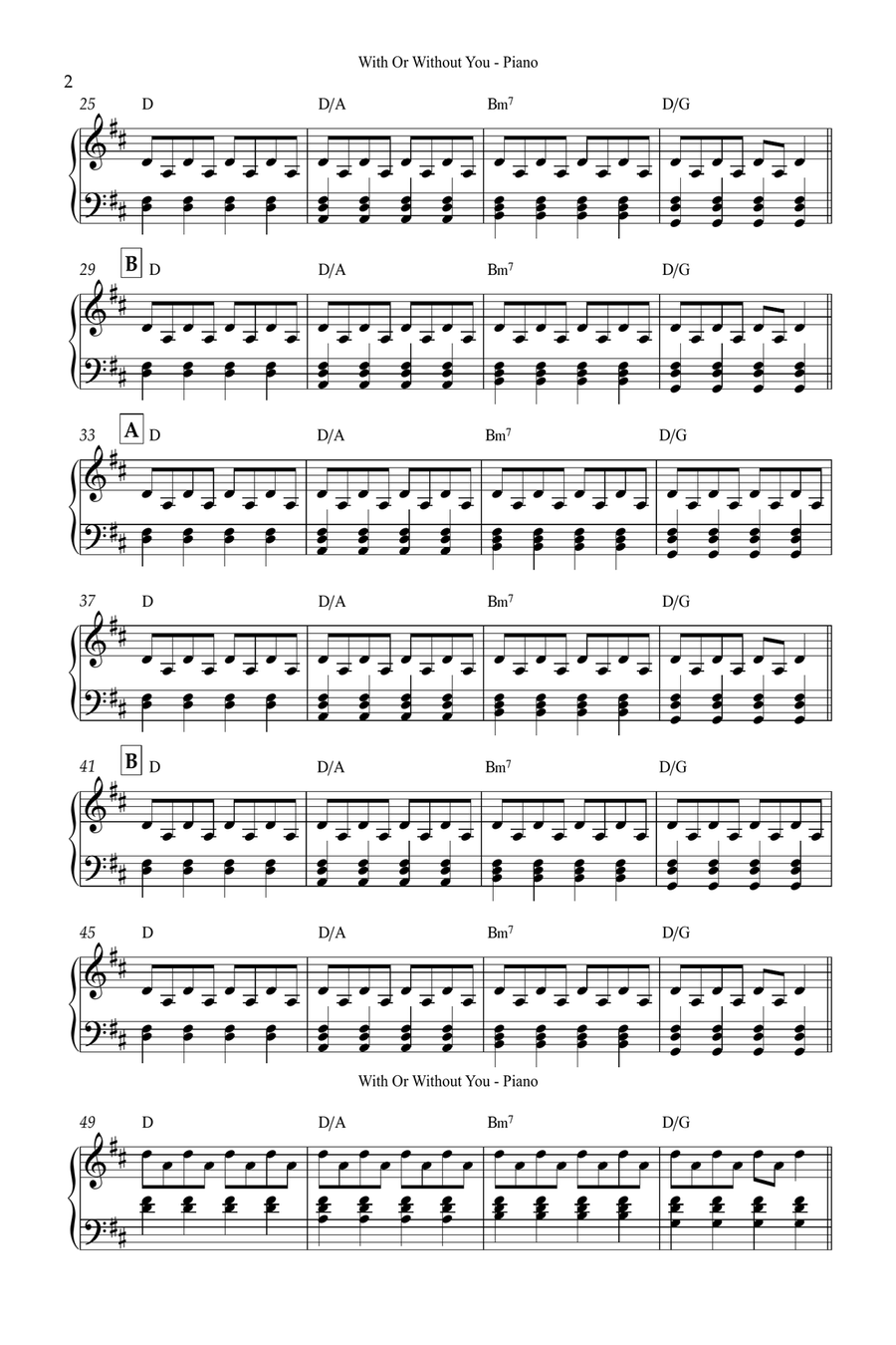 With Or Without You Easy Piano scores gallery preview page 2