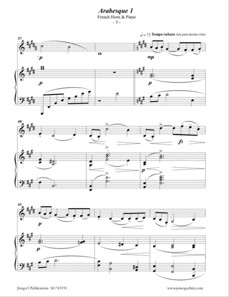 Debussy: Two Arabesques for French Horn & Piano Horn scores gallery preview page 5