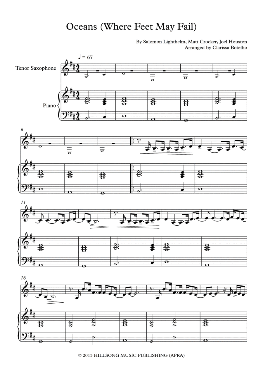 Oceans (where Feet May Fail) Tenor Saxophone scores gallery preview page 1