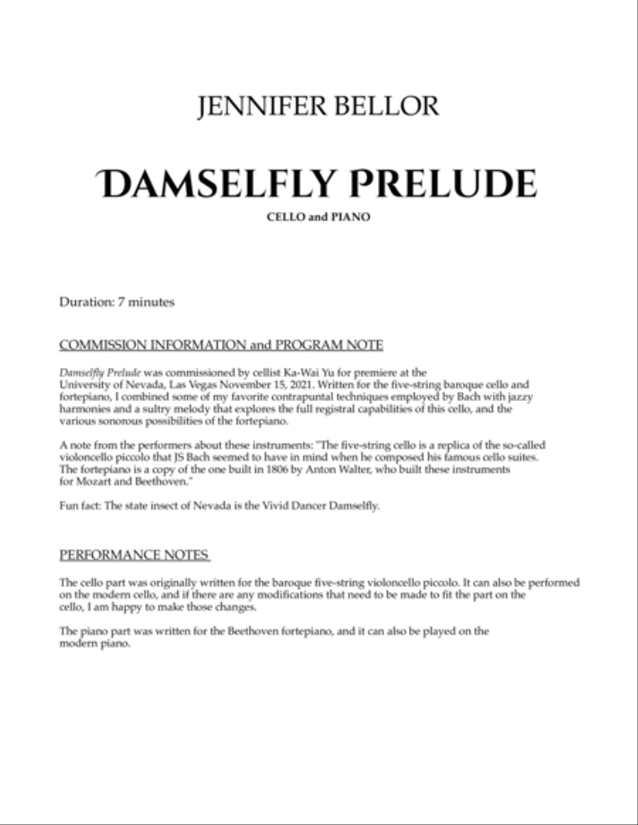 Damselfly Prelude - five-string baroque cello (or violoncello) and fortepiano (or piano) Chamber Music scores gallery preview page 2