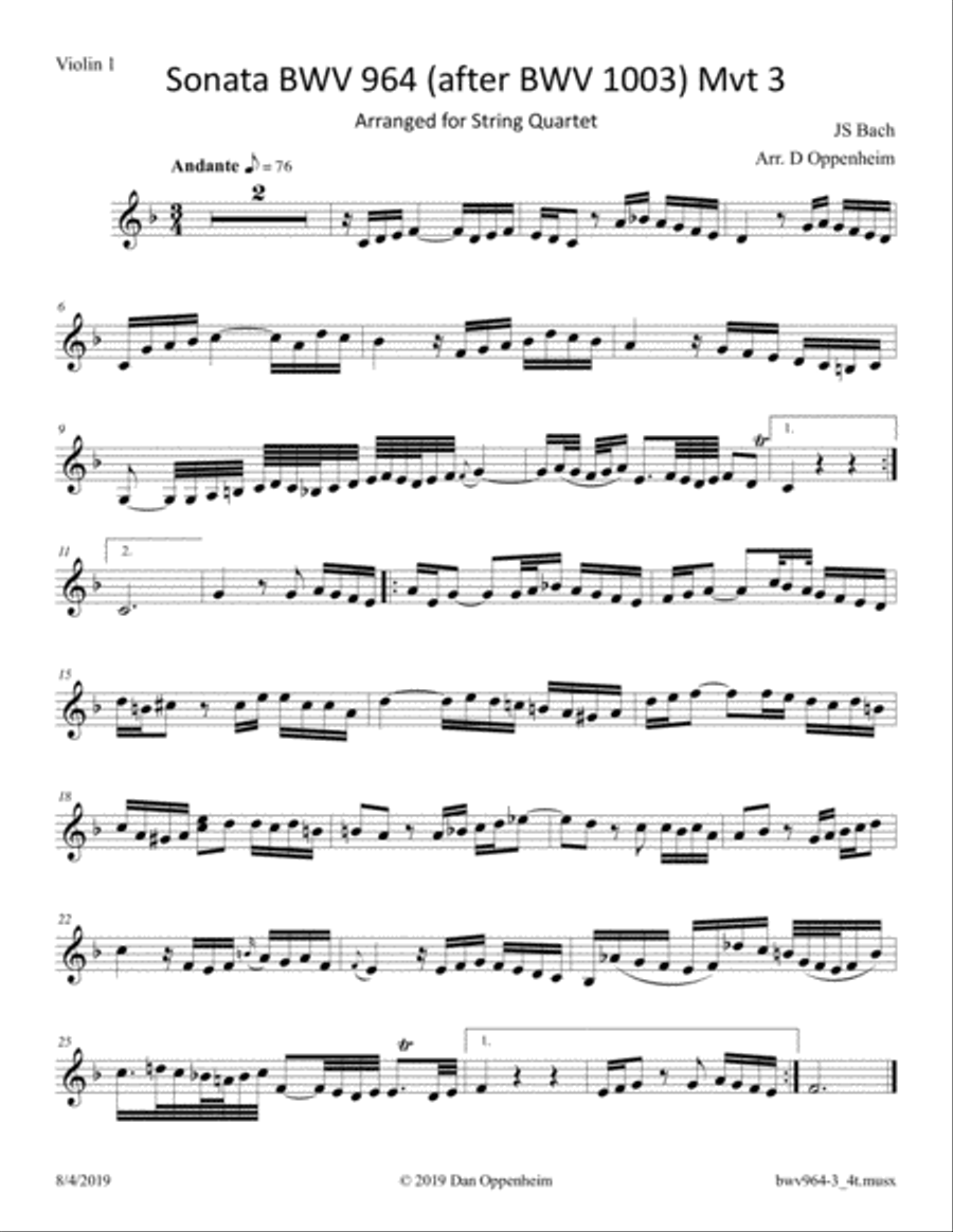 Bach: Piano Sonata BWV 964 (after violin sonata bwv 1003) mvt 3 transcribed for String Quartet String Quartet scores gallery preview page 3